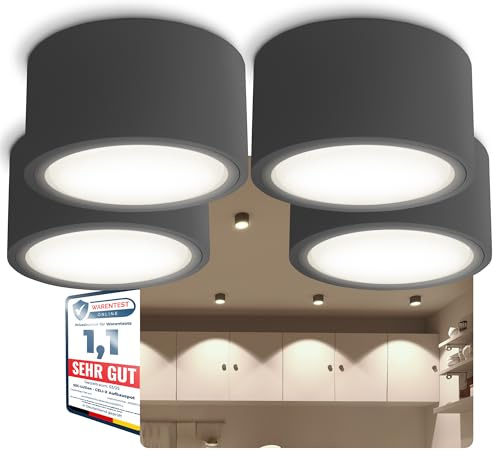 SSC-LUXon 4er Set CELI-X Aufbauspot LED grau flach große Leuchtfläche - Deckenspot anthrazit rund mit LED GX53 3W neutralweiß 230V
