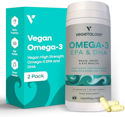 VEGETOLOGY Vegan Omega 3 Supplement – EPA, DHA Supplements & Vitamin D3 – Algae Omega 3 Vegan Supplements for Brain, Eye & Heart Health – for Kids & Adults (120 Capsules)