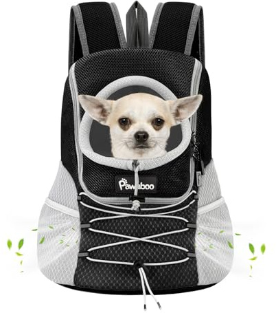 Pawaboo Zaino Trasporto Cani Gatti, Zaino Traspirante Regolabile per Cane e Cuccioli, Guinzaglio di Sicurezza, Trasportino da Viaggio Cani Gatti, Marsupio per Cani di Piccola Taglia e Gatti,S, Nero