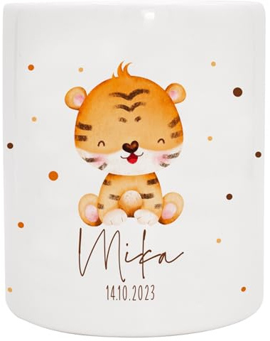 Spardose personalisiert mit Namen & Datum | Tierkind Tiger | Keramik Sparbüchse, optionales Datum, beidseitig bedruckt, Gummistopfen an der Unterseite, 95 x 80 mm, Geschenk für Kinder