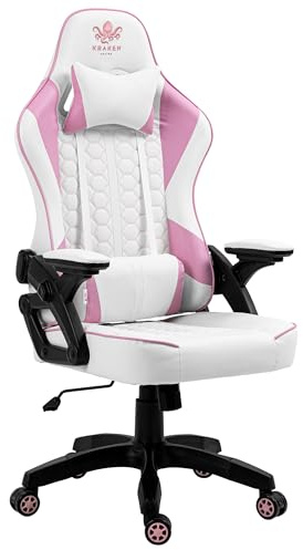 KRAKEN CHAIRS Chaise de Gaming en PVC Cuir - Blanc Rose - Siege Gamer Adulte - Chaise de Bureau - Confortable Chaises de Gamer - 130 kg - Ergonomique Fauteuil Gaming - Réglable Accoudoir/Lombaire
