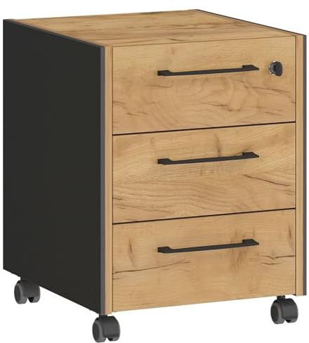 Home4You Rollcontainer - Graphit Dekor - Navarra Eiche Dekor - 42 x 54 cm - mit 3 Schubladen