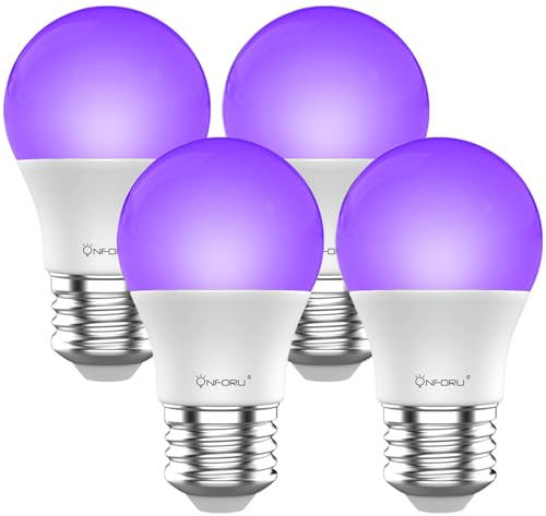 Onforu E27 Schwarzlicht Glühbirne, UV Birne Schwarzlichtlampe für Deko 4 er | 9W, 385-400 nm UVA Level Schwarzlichtlampe, Black Light Bulb, UV Beleuchtung Partylicht für Party, Keller, Disco, Club, Bar