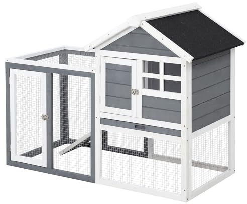 PawHut Kaninchenstall Tannenholz Indoor Outdoor Kleintierstall Kleintierkäfig Kleintierhaus Herausnehmbare Rampe und Bodenwanne Grau+Weiß+Schwarz 123,5 x 62,6 x 92,5 cm