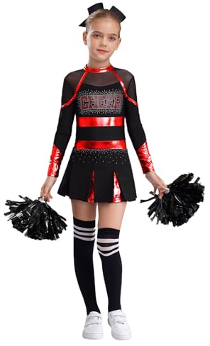 Miaeowve 4 Pcs Girl Cheerleading Uniform Dress Cheer Leader Costume Cosplay Outfits for Kids Halloween Carnival Dress up Red&Black 7-8 Years