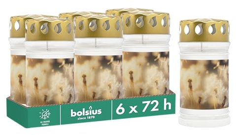 Bolsius gravljus – med motiv – maskros – set om 6 stycken – längd brinntid 3 dagar – begravningsljus och minnesmärke ljus – ren bränning – utan palmolja