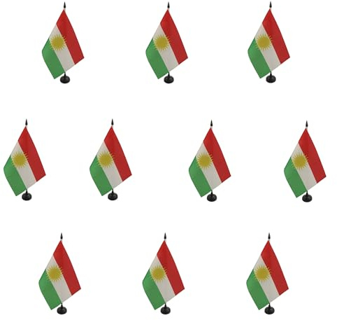 AZ FLAG - Set med 10 Kurdistan bordsflagga 21 x 14 cm - 10 små kontorsflaggor 100 % polyester med 25 cm skaft och svart plastbas