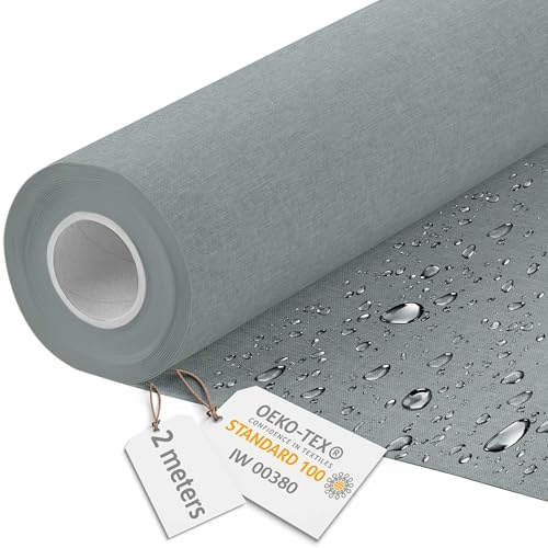 DreamRoots Tela Impermeable por Metros Efecto Lino, Gris Claro, 2 m | Tela de toldo por metros, lona impermeable exterior, tapizar sillas, cojines, estores, antimanchas, 160 cm, 600D