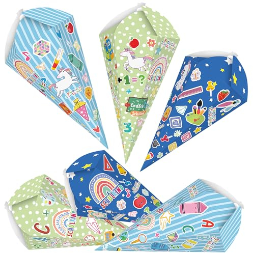 CloverCy Geschwisterschultüte, 6Stück Schultüte zur Einschulung Junge, klein Faltbare Zuckertüte, Geschenkverpackung für Schulanfänger, Geschwister Schultüte für Einschulung Schulanfang Geschenk