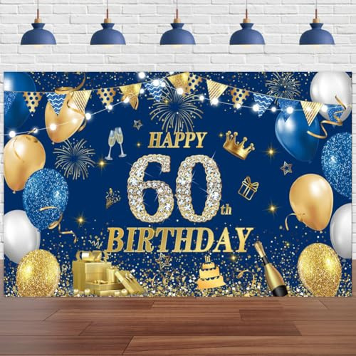 Yontree Happy 60th Birthday Banner Blau Gold, 1,8 x 1,1 m Happy Birthday Hintergrund Banner Marineblau Gold 60. Geburtstag Dekorationen für Männer Frauen 60 Jahre alt Geburtstag Jahrestag Party