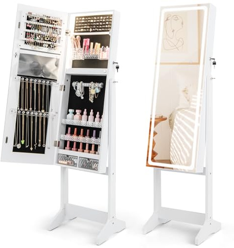 RELAX4LIFE Schmuckschrank mit Spiegel, Spiegelschrank mit 3-farbigen LED-Lichtern & Schubladen & Ablagen, Schmuckorganizer Abschließbar & Neigungsverstellbar (Weiß)