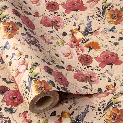 RUSPEPA Kraft-Geschenkpapierrolle – Minirolle – Blühendes Blumen- und Vogeldesign, ideal für Geburtstage, Partys, Babypartys – 43,2 cm x 10 m