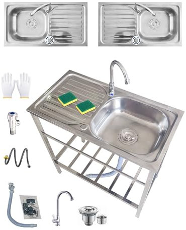 Acciaio Inox Lavello da Cucina Indipendente con Rubinetto Lavandino da esterno 75x40xH75cm Lavandino Commerciale Ristorante Professionale Facile Da Lavare per Cortile/Garage/Lavanderia/Seminterrato