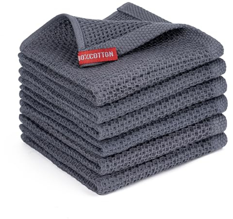 BOOMIBOO ﻿Kitchen Towels 6-Pack Kitchen Dish Cloths,100% Cotton Towels Waffle Weave, Ultra Soft Absorbent, Quick Drying, 12x12 Inches,Dark Grey