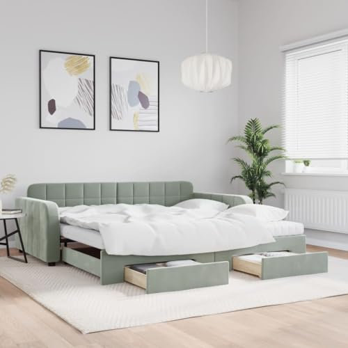 Somanki Tagesbett Ausziehbar mit Schubladen Hellgrau 100x200 cm Samt, Schlafsofa, Daybed, Bettsofa, Sofa Bed, Sofabett, Schlafcouch, Jugendbett, Bettgestell, Bettcouch - 3197008