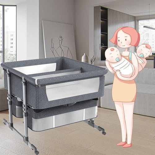 Gvqng 4-In-1-Babywiege Mit Beistellbett, Zwillingswiege Mit Verstellbarer HöHe FüR Babys, Wiege Mit Beistellbett FüR 2 Babys, Babywiege FüR Beistellbett Mit Aufbewahrungskorb,Grau