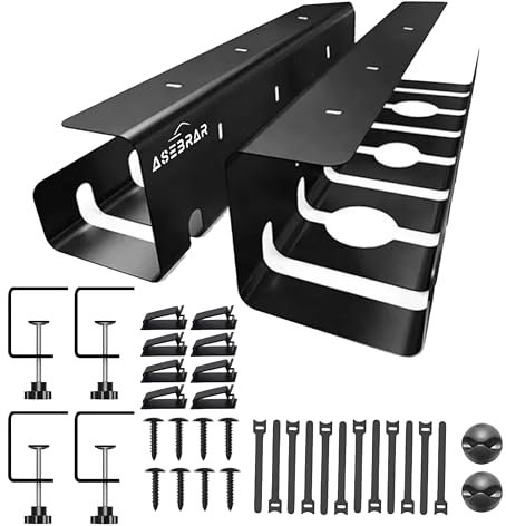Asebrar Gestione dei cavi sotto la scrivania [senza viti e incolla], porta cavi, canalina per cavi, scrivania, organizer per cavi sotto la scrivania, 2 ripiani per la gestione dei cavi, colore nero