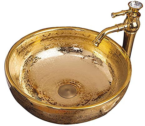 asdchZen Vasque à Poser en céramique, Vasque à Poser Moderne dorée, Vasque à Poser avec bonde escamotable sans trop-Plein, pour Meuble de Toilette