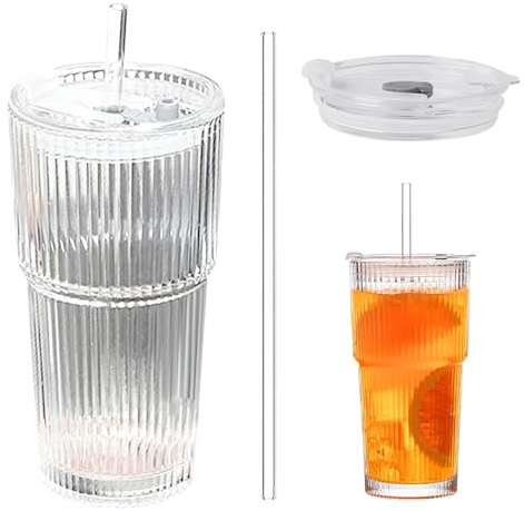 2 vasos de cristal acanalados de 600 ml con tapa y pajita, vasos de agua de cristal, vasos de cristal resistentes y de pared gruesa, diseño hermético e impermeable, para café helado, zumo de café con