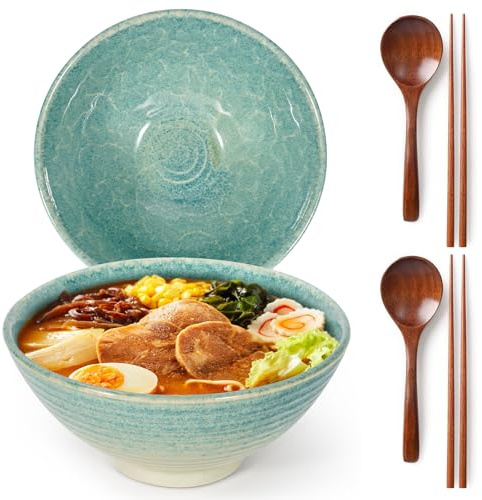 LRHAFET 2 x 1200ml Ramen Schüssel Set aus Keramik mit Essstäbchen und Löffeln, 20cm Ramen Bowls Set, Ramen Schale (Crackle Green)