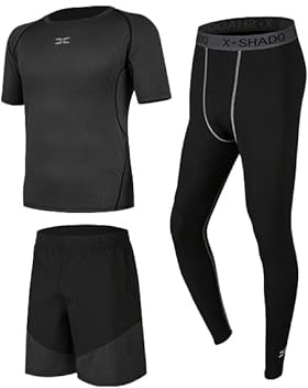 GRECERELLE Herr 3-delad atletisk set, ultimat prestandautrustning för löpning och fitness - kortärmad topp, shorts och kompressionstights, 3 st Mörkgrå + Svart, XXL