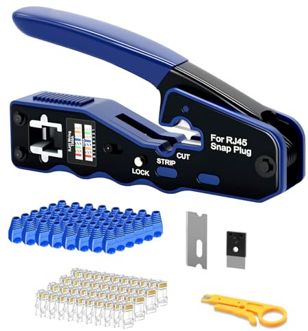 Pinza crimpatrice RJ45, pinza per cavi di rete, strumento di rete per connettori RJ45 Cat6 Cat5 Cat5e con 50 connettori passanti Cat6 e coperture protettive, 1 tester per cavi di rete