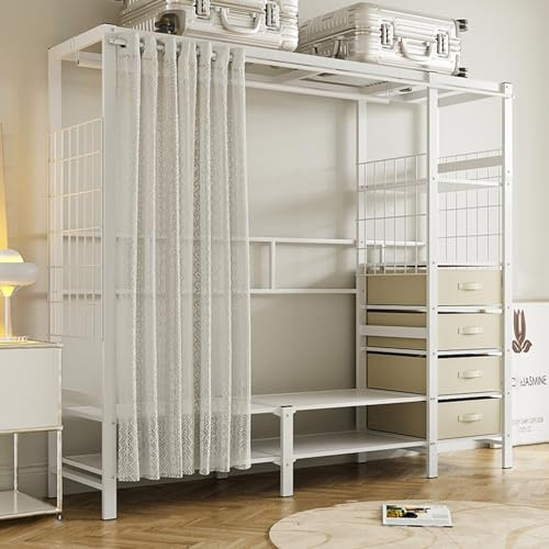 Heavy Duty Clothes Rack Wardrobe with Curtain, Large Walk-in Closet, 4 Open Shelves & 6 Drawers, Stylish White Garment Rack for Bedroom, Size: 168x50x170cm