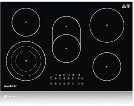 AMZCHEF Plaque vitrocéramique 5 zones, encastrable 77 cm avec zone ovale et zone triple, 9 niveaux de puissance, minuterie, verrouillage de sécurité, protection contre la surchauffe, 8500 W