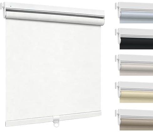 No Drill 100% Blackout Roller Blinds, Cordless Roller Shades for Windows Waterproof Pull Down Blinds Themal Insulation Window Shades for Home Bedroom Custom Size - White