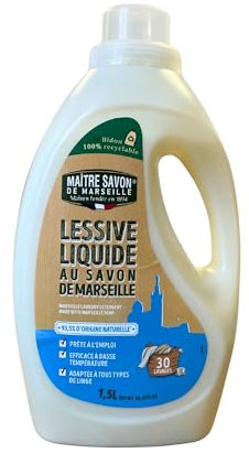 Maître Savon de Marseille – Detergente líquido con Jabón de Marsella – 1,5L – 30 lavados – Para todo tipo de ropa – Eficaz a baja temperatura – 93,5% ingredientes naturales