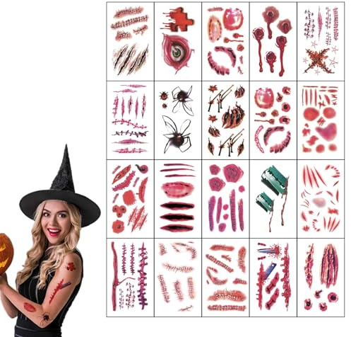 EUYKQNOI Halloween Gesicht Tattoo, 20 Stück gruselige Gesichtsaufkleber mit Zombie Vampir Hexe Narben Design, für Karneval Fasching Kostüm, Erwachsene und Kinder Faschingsparty Accessoires