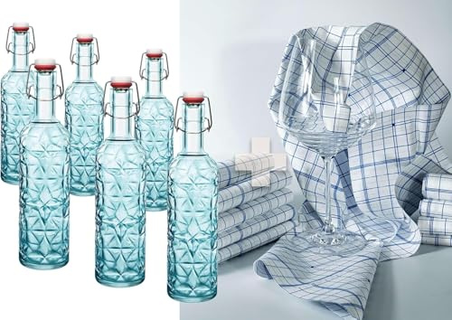 LGC Lot de 12 bouteilles Bormioli Rocco Oriente bleues, avec bouchon à étrier, 1 litre + 1 chiffon sec en micro-filament