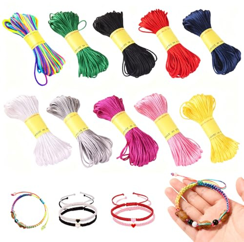 MSLSOZ Lot de 10 pièces de cordon en nylon satiné, 1,5 mm de diamètre, 20 mètres par pièce, 10 couleurs de cordon en nylon satiné pour la fabrication de bracelets, perlage, artisanat de bijoux et nœud