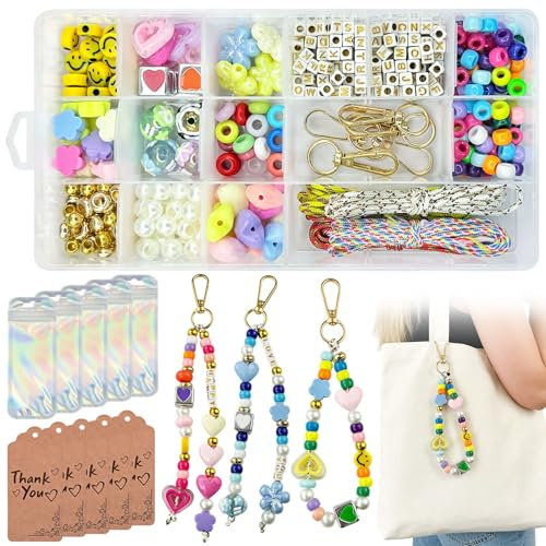 Perlen Schlüsselanhänger Making Kit:431pcs DIY Supplies mit Alphabet Perlen - Herz Stern Blume Charms für Tasche Charm Handwerk - Geschenkherstellung Set für Erwachsene Frauen & Teenager