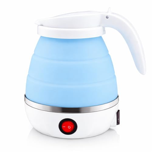 Collapsible Electric Kettle, Blue and White, Portable Travel Kettle with Handle
