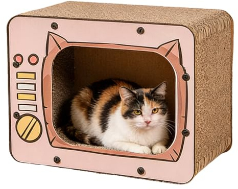 Casa para Gatos en Forma de TV – Cama rascador Antideslizante de cartón Ondulado, árbol rascador para Gatos, Casas de con Compartimento Oculto, protección de Muebles, enriquecimiento