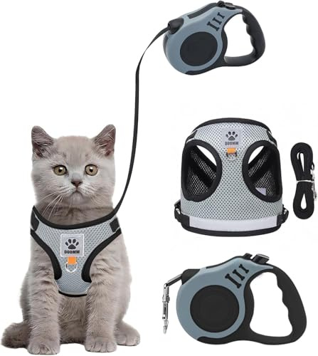 Katzengeschirr und Leine Set Ausbruchsicheres Kätzchengeschirr mit Katzenleine, 3M automatisch einziehbare Leine für Garten, reflektierend, verstellbar, weiche Weste für Haustierspaziergänge(Grau, S)