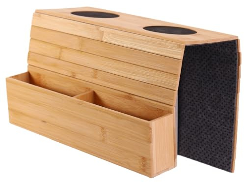 GOMETY Bandeja para Reposabrazos de Sofá de Bambú, Bandeja de Brazo Plegable Antideslizante con Portavasos, Mesa Auxiliar para Sofá para Bebidas Snacks Teléfono y Mando
