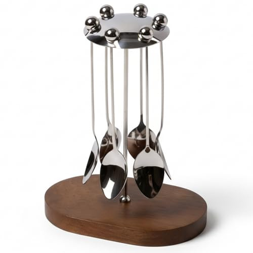 Juego de 7 cucharas de café de acero inoxidable con soporte y base de madera. Cucharas y tenedores para café, postres pasteles. Artículos esenciales para el hogar el bar.