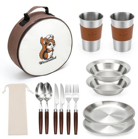 WECURATED Camping Mess Kit, Stainless Steel Stylish Set of 2 | 2 Person Bowls Plates Cups Forks Spoons and Knives, Camping Dishes Cutlery Set, For Backpacking Outdoor Hiking and Picnic