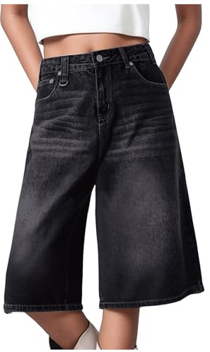 Pantaloni Capri da donna, pantaloncini a 3/4, jeans a vita alta, pantaloncini casual a gamba larga con tasche per tutti i giorni, vita alta con tasche, stile streetwear estivo casual, gamba larga