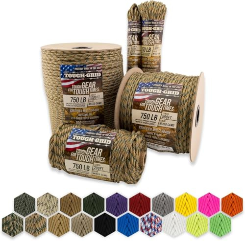 Tough-Grid Paracord/Fallschirmschnur, 340 kg, Verschiedene Camouflage-Muster, Typ IV, 340 kg, verwendet vom US-Militär (MIl-C-5040-H) – 100% Nylon – 60 m – Gemischte Tarnfarbe