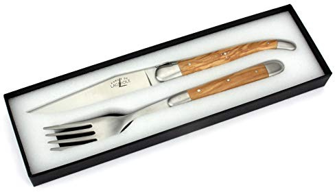 Forge de Laguiole - Cuchillo de carne y tenedor cada uno - Mango de madera de olivo - Cubiertos Francia - Acero satinado.