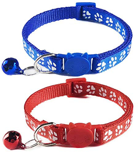 Tafeiya 2 x säkerhetskatt halsband snabbutlösning med klocka, justerbar 20–32 cm lämplig för alla inhemska katter (blå/röd)