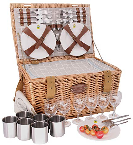 Les Jardins de la Comtesse - Picknickkorb aus Weidengeflecht Concorde für 6 Personen, Kühlbox, Teller, Weingläser, Timbales aus Aluminium, Stoff, 50 x 35 x 26 cm