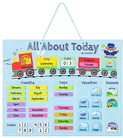 Navaris Kalender Tafel für Kinder - Lerntafel Jahreszeiten Uhr - Magnet Spiel Lernuhr - Kinderkalender Jahreskalender - magnetisch - blau - englisch