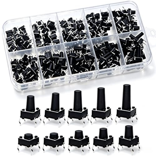 VISSQH 200pcs Interruptor de Boton Momentaneo Tactil, micro interruptores 4 pines,interruptores táctiles (6 x 6 x 4.3mm / 5mm / 6mm / 7mm / 8mm / 9mm / 10mm / 11mm / 12mm / 13mm)