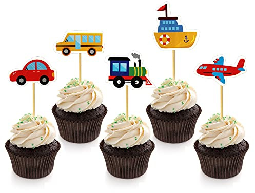 BIEUFBJI Transportation Cupcake Toppers 30 Pack Car Truck Train Airplane Ship Party Cake Toppers Picks for Kids Birthday Baby Shower Party Decorations Supplies