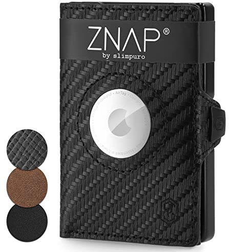 ZNAP Airtag Wallet aus Leder | Kreditkartenetui | Geldbörse Herren Klein | RFID-Blockierung & Slim I Kartenetui, Air Tag Geldbeutel Portemonnaie - 12 Karten - Carbon