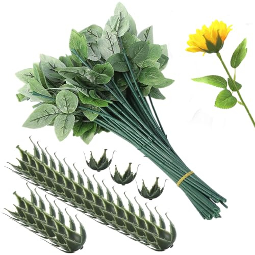 YOKOKE Lot de 30 tiges en fil de fer avec feuilles et 30 calices de fleurs artificielles en plastique pour loisirs créatifs, bouquets de fleurs en plastique, outils d'arrangement floral